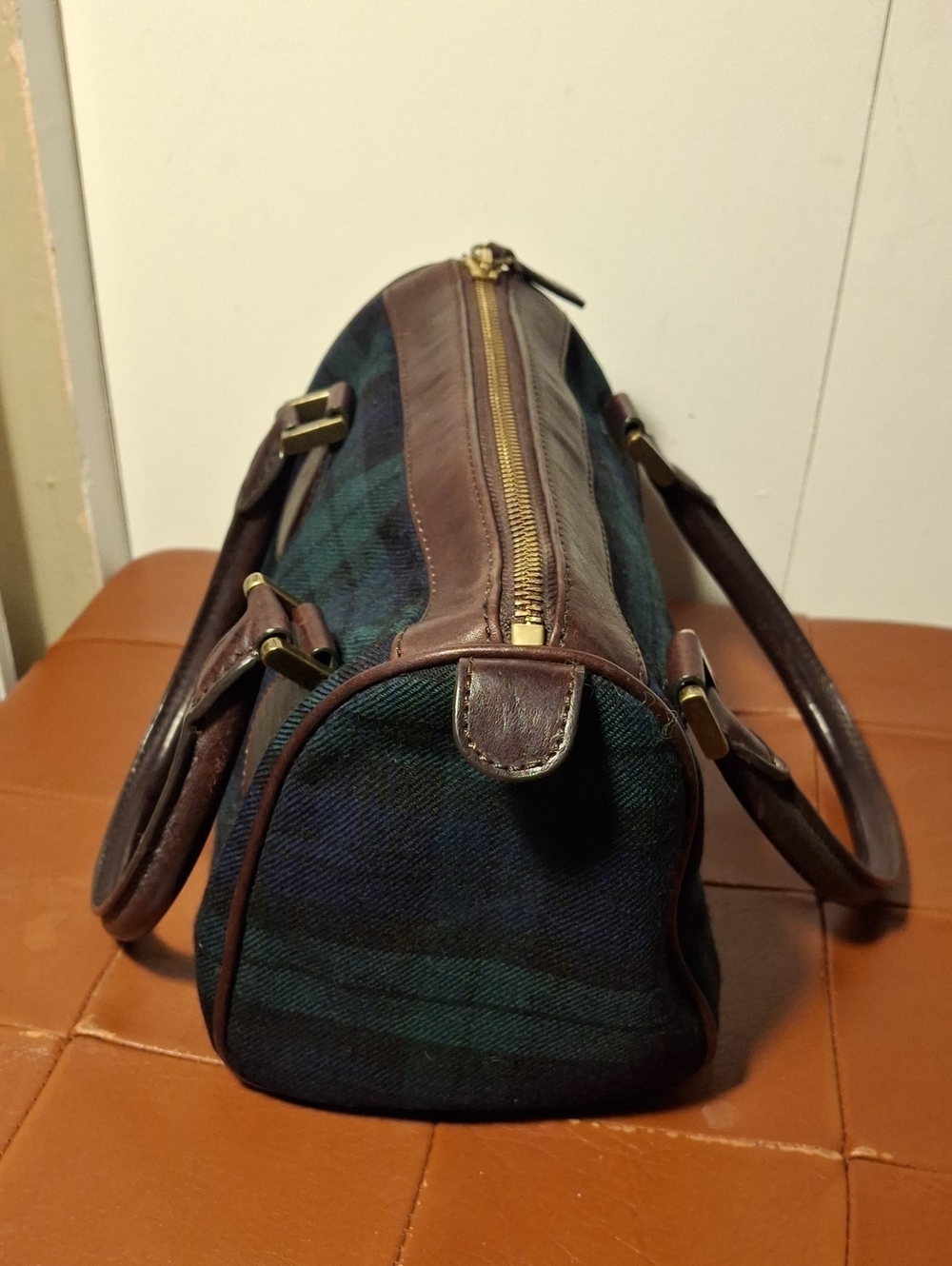 J.Crew Brown Leather-Trim Green Plaid Men’s Weekender Bag - Picture 3 of 9